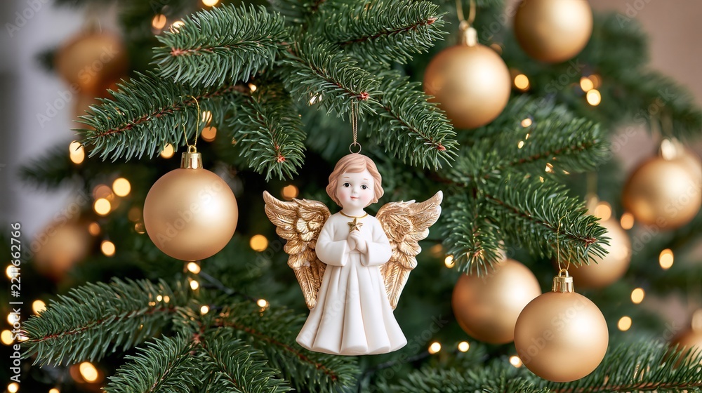 Fototapeta premium Christmas tree decorating with angel ornament and golden baubles