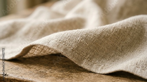 Natural Linen Fabric Texture - Close-up of Wrinkled Beige Textile on Wood