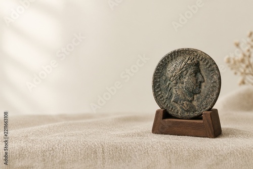 Weathered antique coin on wooden stand over linen fabric, history and heritage concept