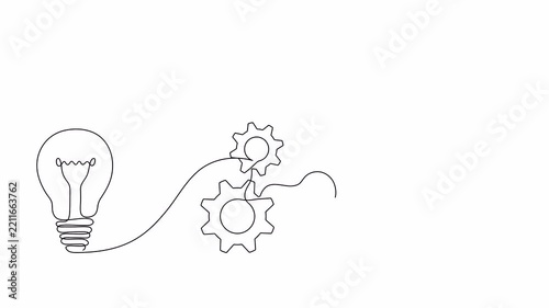 Continuous one line drawing of of electric light bulb, gears and rocket launch. Single line drawing of 3 steps teamwork. Concept of business startup. 4K video animation with alpha channel.