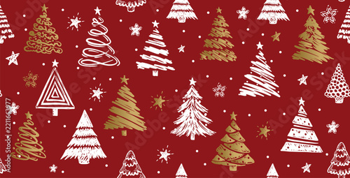 Christmas tree white and gold on red, hand drawn illustrations.	
