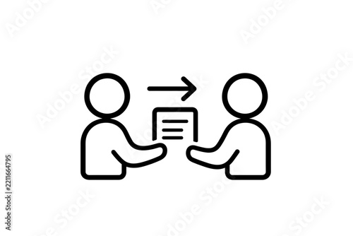 Simple line icon depicting two individuals exchanging or transferring a document, symbolizing data sharing, handovers, or communication between parties