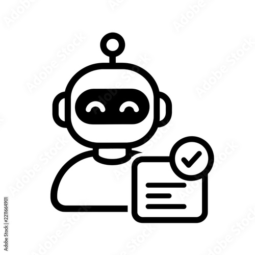 Modern AI assistant icon demonstrating successful task completion, data verification, and automated process management through a digital checklist and approval mark