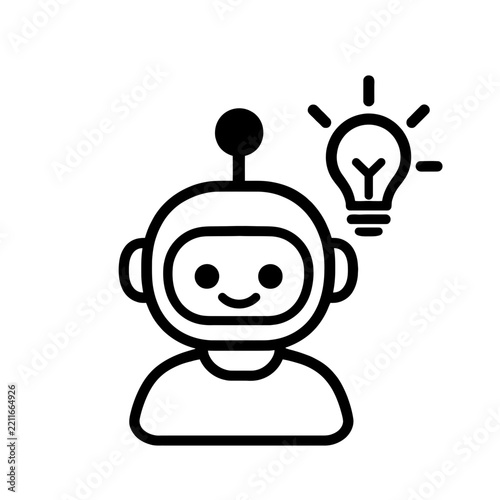 Vector icon illustrating artificial intelligence, featuring a friendly robot character with an illuminated lightbulb, symbolizing innovation, creative ideas, and smart solutions