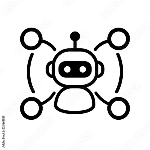 Concept of an AI chatbot robot head connected in a decentralized network, illustrating digital communication, automation, and data exchange system