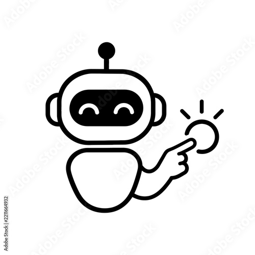 Friendly AI Robot Engaging with Digital Interface, Symbolizing Future Technology, Innovation, and Automation Assistance in a Modern Line Art Icon