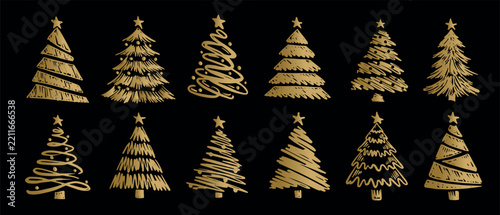 Christmas Tree Collection on black hand drawn illustrations.	
