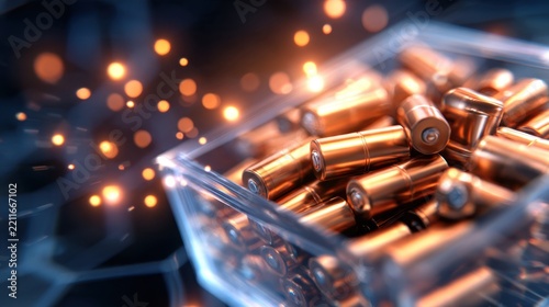 A close-up view of copper batteries in a clear container, surrounded by glowing sparks and a dark backdrop