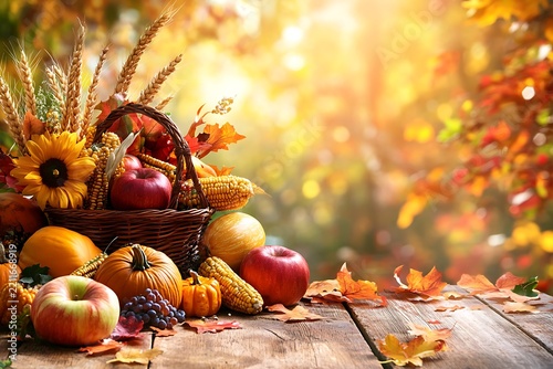 Autumn harvest basket with pumpkins, apples, and corn on rustic wooden table