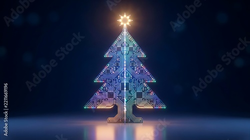 A futuristic glowing Christmas tree made from computer circuit board hardware technology design