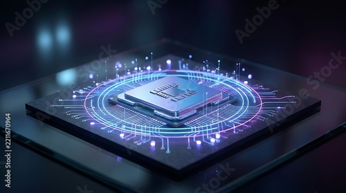 A high tech computer processor chip with glowing digital circuit board lines