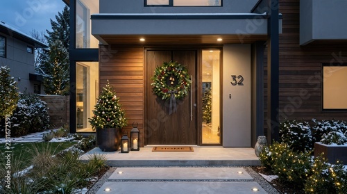 A modern house with a wooden facade, a wreath on the door, and a well-lit entrance. The front yard is decorated with Christmas trees and lights, and the house is surrounded by snow-covered bushes 