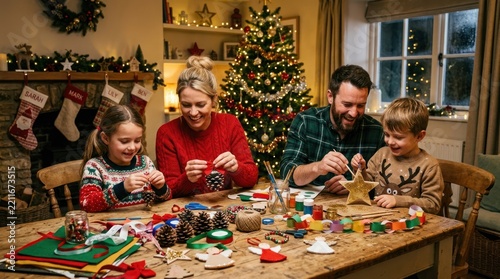 A family of four engaged in holiday crafts at a table, surrounded by Christmas decorations and a lit tree. The scene is warm and festive, with everyone smiling and enjoying the activity together.
