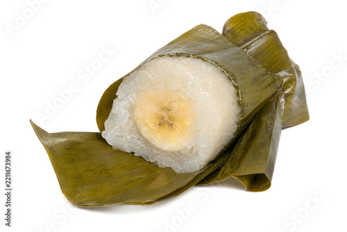 Cambodian num ansom chek banana sticky-rice parcel partially opened Isolated on White Background