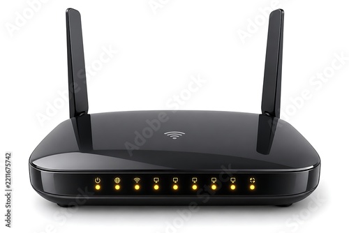 Modern wireless router for high speed internet connection, black dual antenna wifi modem device, home office network equipment