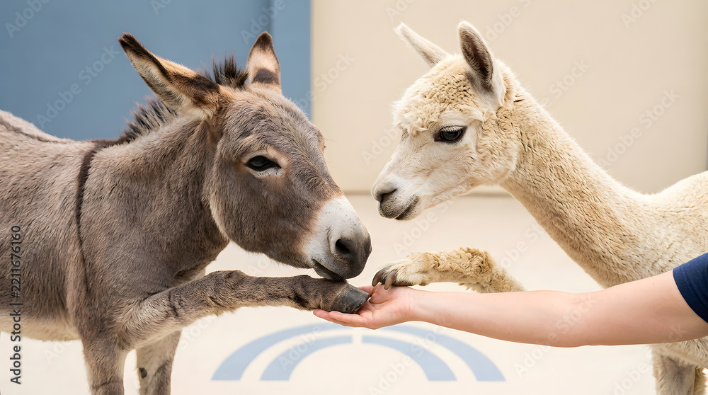 Fototapeta premium Donkey, alpaca and hand in petting zoo for animal therapy, wildlife interaction and nature tourism. Domestic mammals, farm pets and curious creatures with hoof, fur and touching human for care