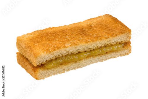 Two crisp toast fingers assembled with visible golden kaya coconut jam Isolated on White Background