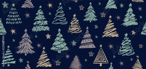 Seamless Christmas Pattern with Hand Drawn Trees and Stars on Dark Blue Background