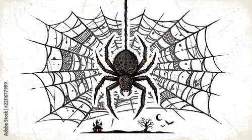 Stylized black spider hanging from a web with a small spooky house and trees at the bottom halloween silhouette arachnid