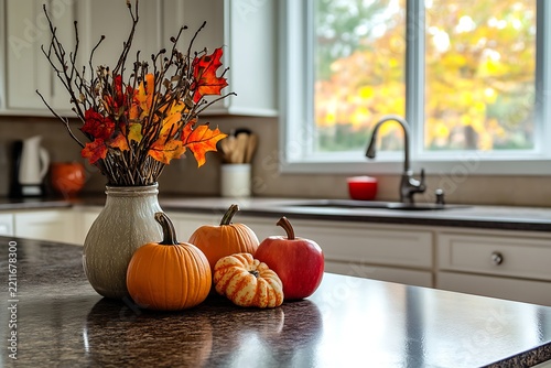 Autumn kitchen countertop decor with pumpkins and fall foliage