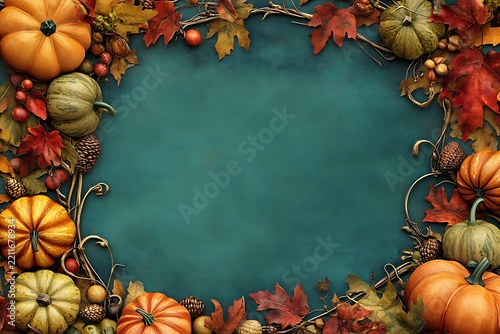 Autumnal frame with pumpkins and fall leaves on a teal background