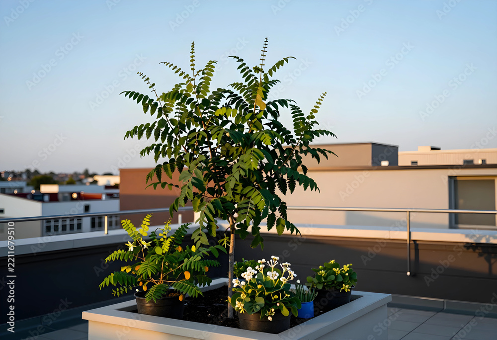 Fototapeta premium Urban gardening and sustainable living, potted plants on a modern rooftop terrace with city skyline background during golden hour sunset light