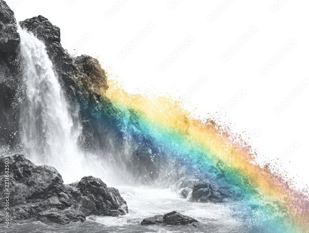 Obraz premium Waterfall and Rainbow Illusion: A dynamic cascade of water plunges over rocky terrain, with a vibrant rainbow forming in the mist, creating a mesmerizing optical effect.