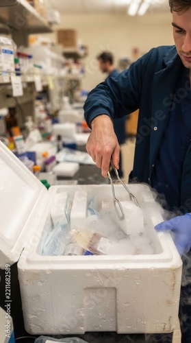 Researcher Handling Dry Ice Container with Laboratory Tongs