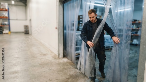 Warehouse Worker Pulling Transparent Vinyl Strip Curtain in Chiller
