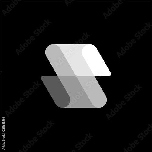 Modern 3D isometric letter S emblem built with stacked translucent grayscale segments. Perfect for data analytics, IT consulting, fintech, plus digital platforms.