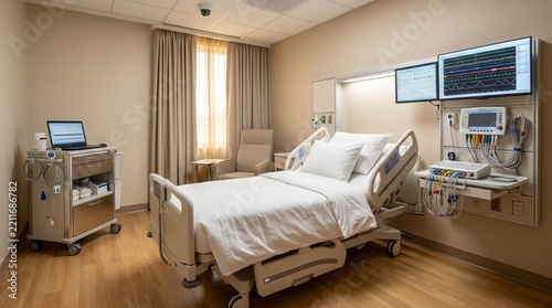 Modern Hospital Room with Medical Equipment, Patient Bed, and Monitors
