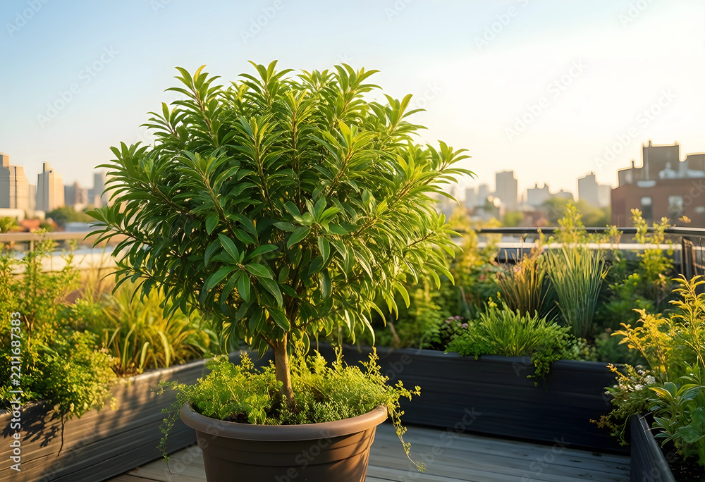 Fototapeta premium Urban gardening and sustainable city living, potted plant on a rooftop terrace with skyline view at sunset for green architecture and eco friendly lifestyle