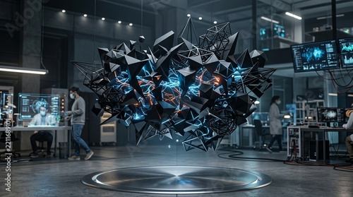 Futuristic Abstract Sculpture in High-Tech Lab with Scientists