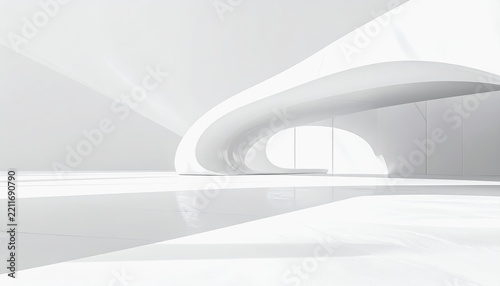 Modern minimalist white interior with curved architecture and natural light