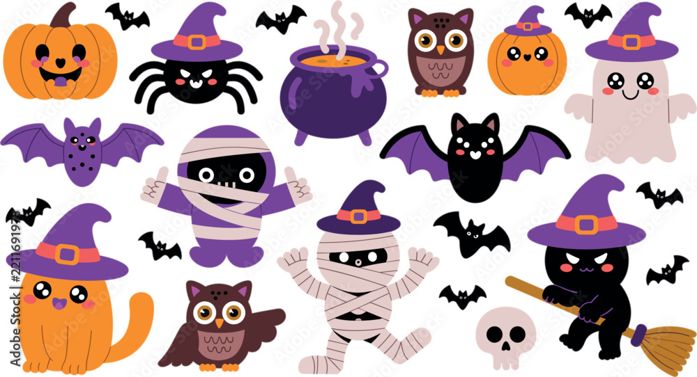 Obraz premium Cute Halloween Cartoon Character and Spooky Element Vector Clip Art Set with Witch Cat Ghost Mummy Pumpkin and Bat for Festive Party Designs