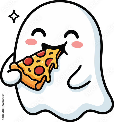 Cute little white ghost character happily eating a delicious slice of pepperoni pizza