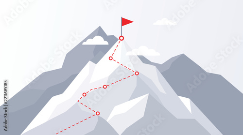 Mountain Climbing Route to Summit with Flag Vector Illustration