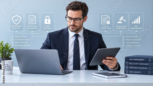  Businessman reviewing digital insurance policies and compliance documents on laptop and tablet. Risk management data security policy protection, regulatory compliance and insurance technology concept