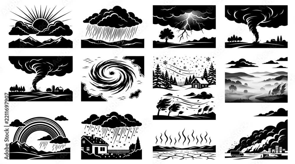 Fototapeta premium Black and white weather icons set featuring various climate conditions