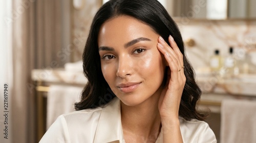 Radiant Woman Applying Skincare, Healthy Glowing Skin, Beauty Routine, Luxury Bathroom