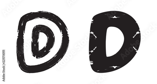 Letter D doodles, bold black hand-drawn forms with rough distressed strokes, irregular edges, and a monochrome sketch style.