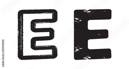 Letter e grunge symbol, hand drawn black outline and solid textured shapes, creative character design.