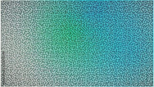 Complex labyrinth maze pattern with teal green to cyan gradient and fine grain texture