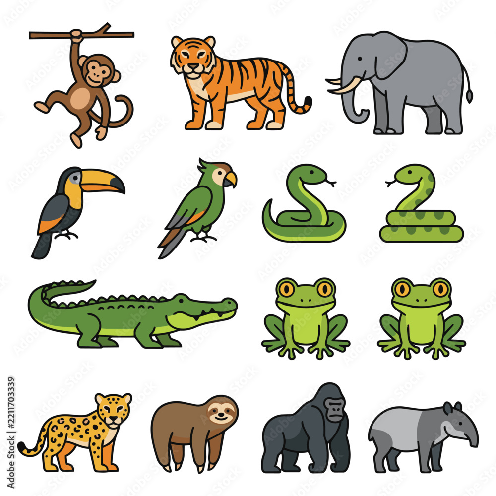Fototapeta premium Collection of cute cartoon wildlife and jungle animal icons including a monkey tiger elephant toucan parrot snake crocodile frog leopard sloth gorilla and tapir isolated on a white background