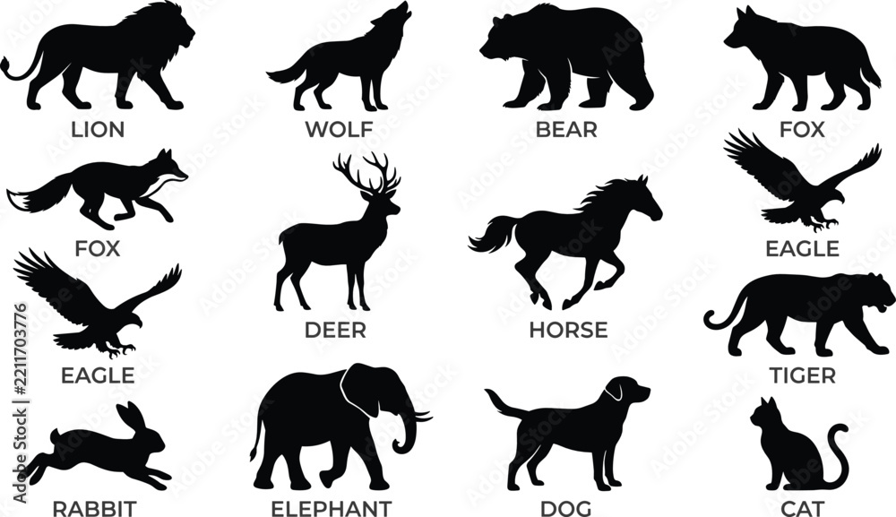 Obraz premium Wild and domestic animal black silhouette icon set featuring lion wolf bear elephant horse and eagle vector