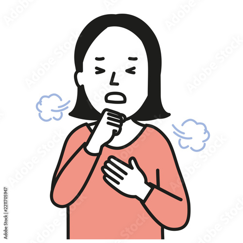 A cartoon illustration of a woman with short dark hair coughing, holding her hand to her mouth and chest, with visible breath clouds.