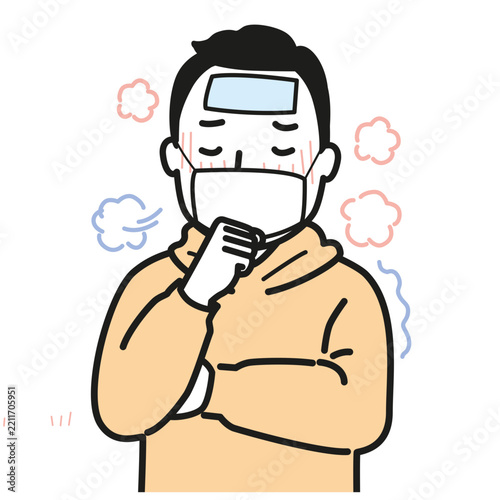 A man with a fever patch and face mask, coughing and feeling unwell, showing symptoms of illness.