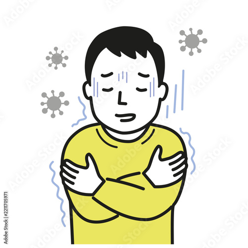 A man shivering and sweating, surrounded by virus particles, indicating illness or fever.