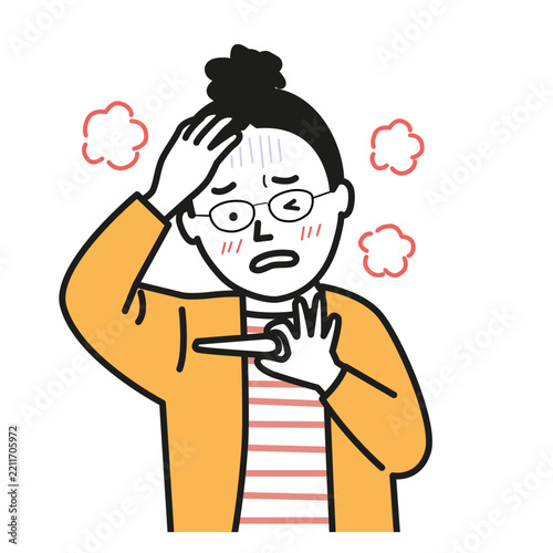 Woman with a fever checking her temperature with a thermometer, looking unwell and concerned.