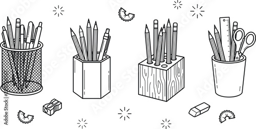 Pencil holder and office desk organizer vector line icon set with stationary scissors ruler and eraser